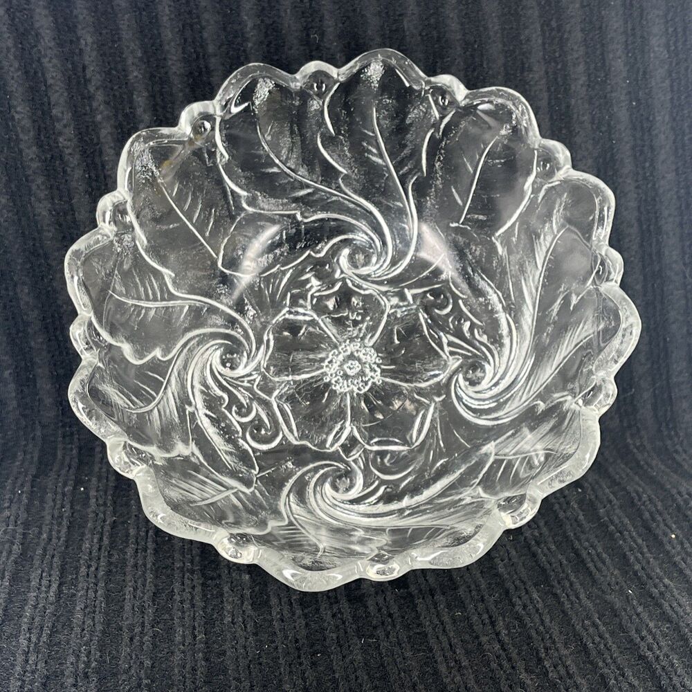 Indiana Clear Glass Embossed Wild Rose  Serving Bowl 9” Diameter